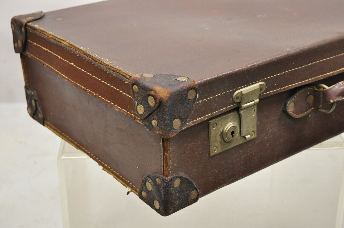Antique Art Deco Brown Leather English 25" Luggage Travel Suitcase