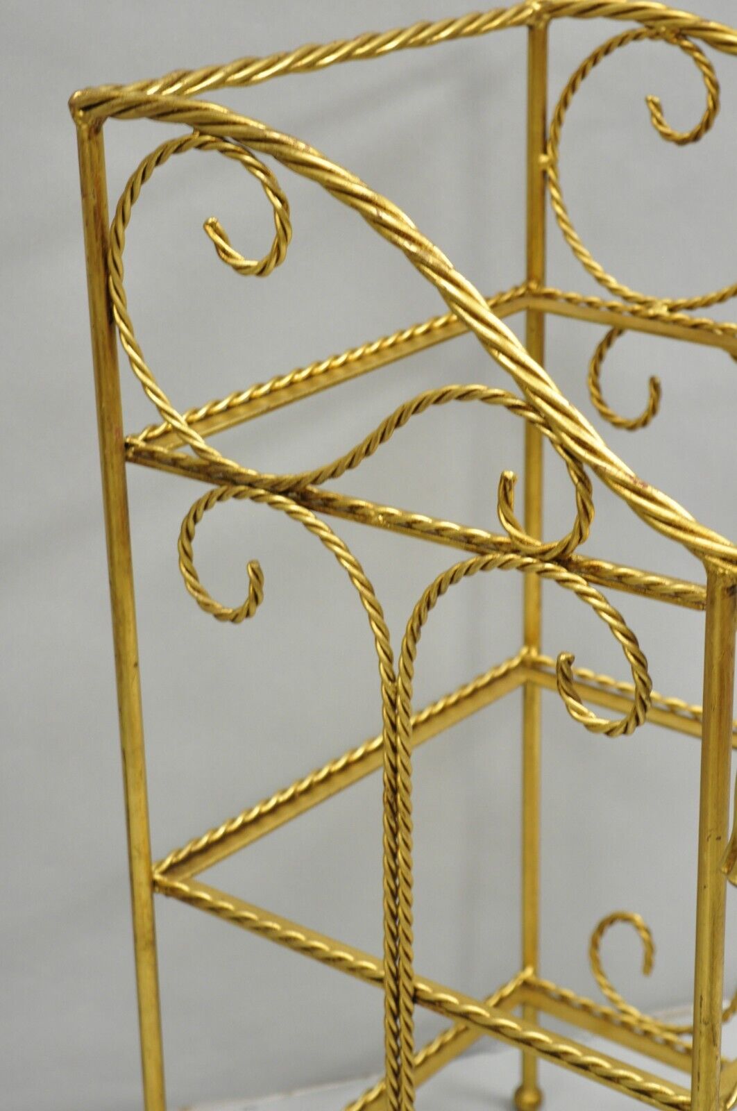 Italian Hollywood Regency Gold Gilt Iron Tassel 3 Tier Etagere Towel Rack Stand