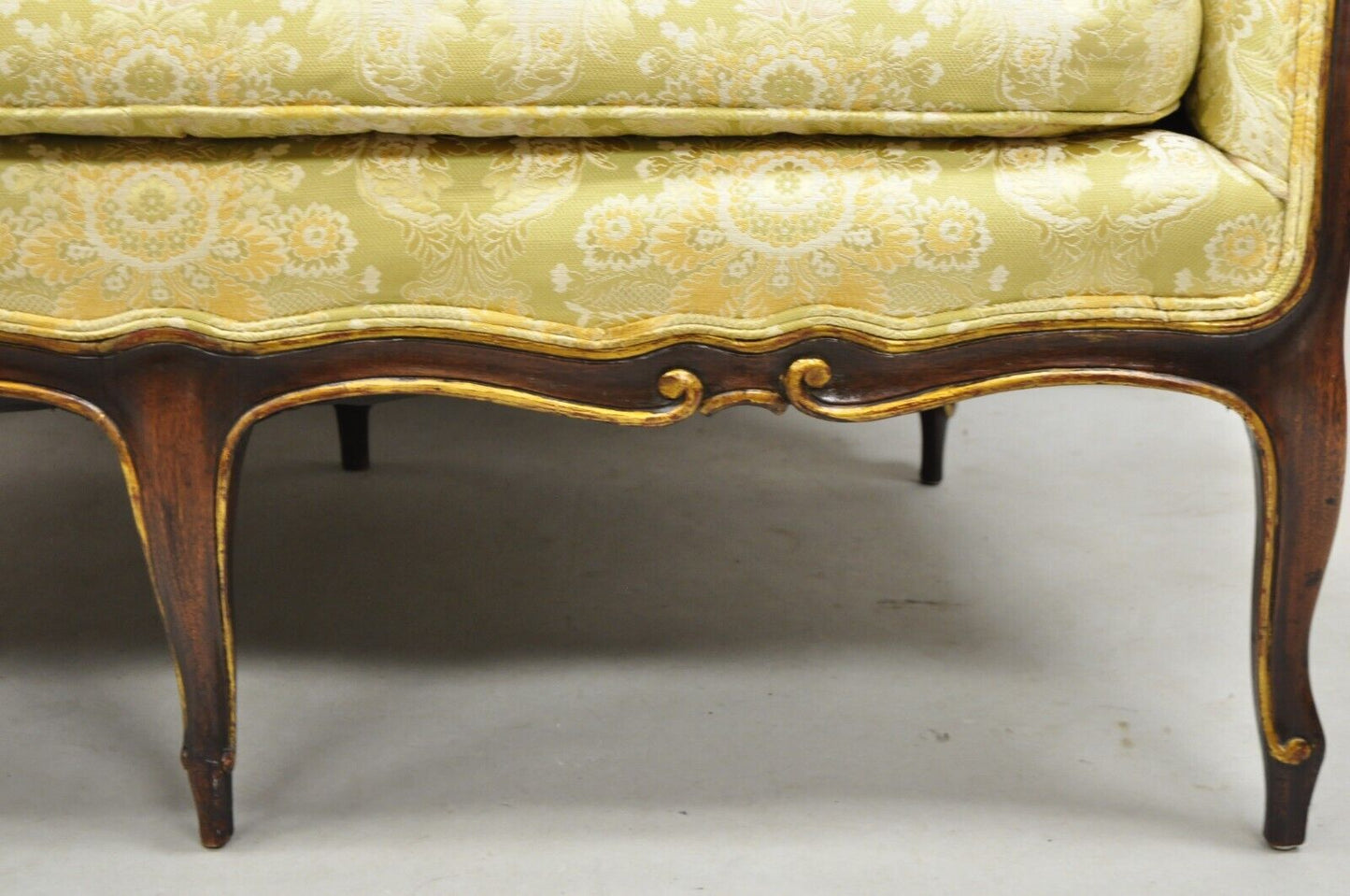 Vintage French Hollywood Regency Barrel Back Upholstered Loveseat Settee Sofa