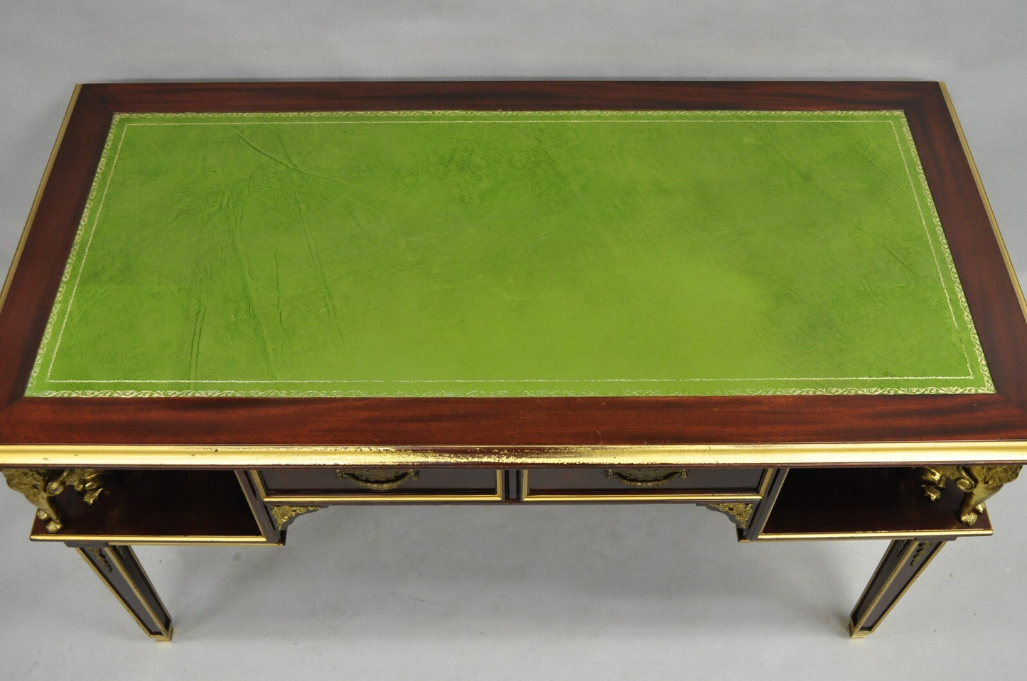 French Empire Revival Green Leather Top Bronze Griffin Mahogany Desk & Chair
