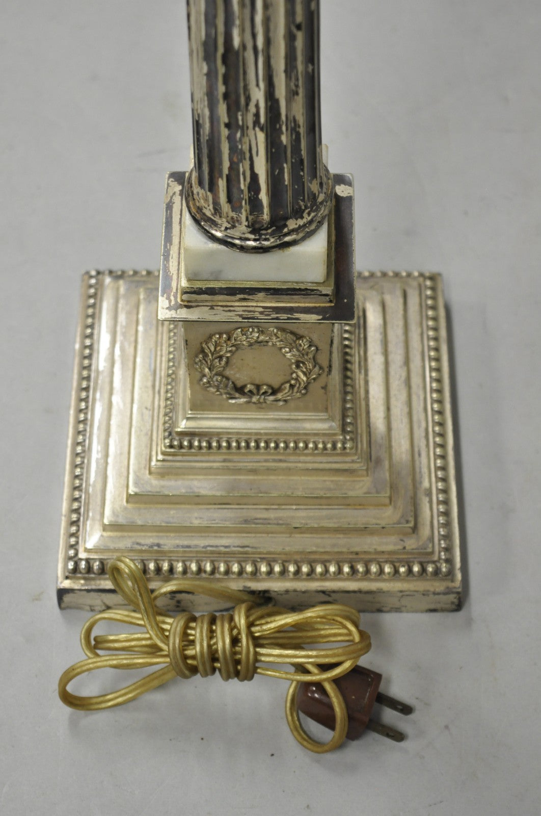 Antique French Empire Silver Plated Corinthian Column Candlestick Table Lamp