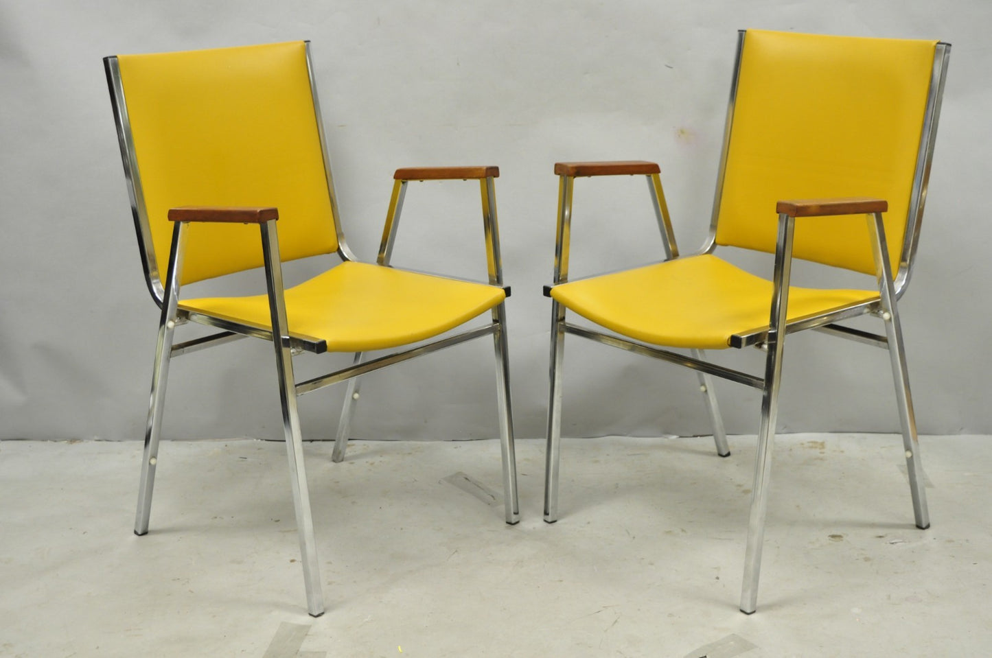 Vintage Nightingale Mid Century Modern Chrome & Yellow Vinyl Stacking Chair Pair