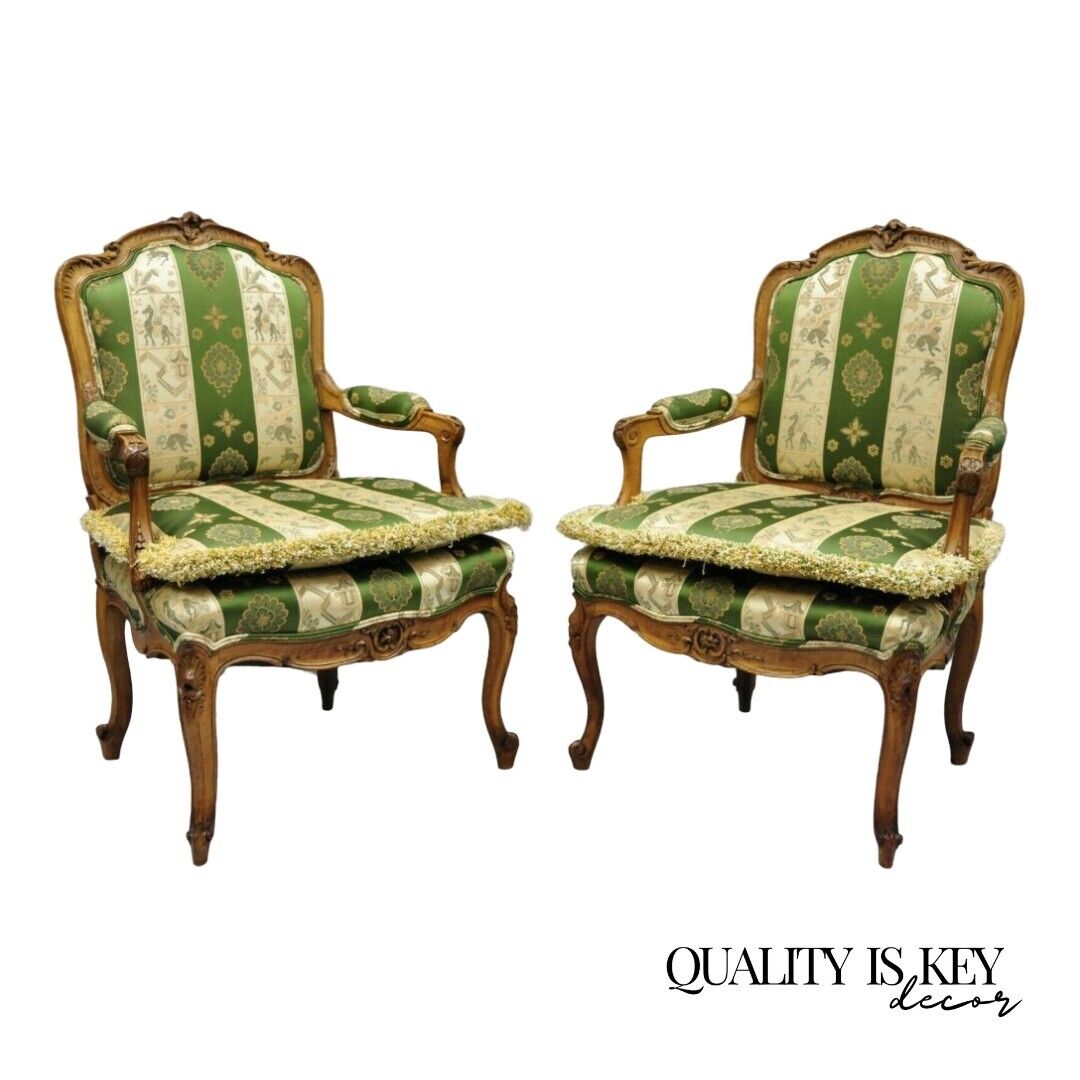 Antique French Louis XV Style Green & Gold Walnut Fauteuil Arm Chairs - a Pair