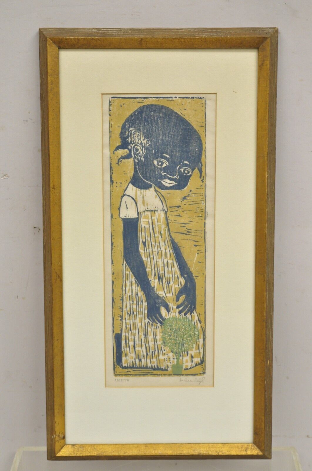 Vintage Helen Siegl "Young Girl" 1950s Woodcut Print Framed Mid Century Art