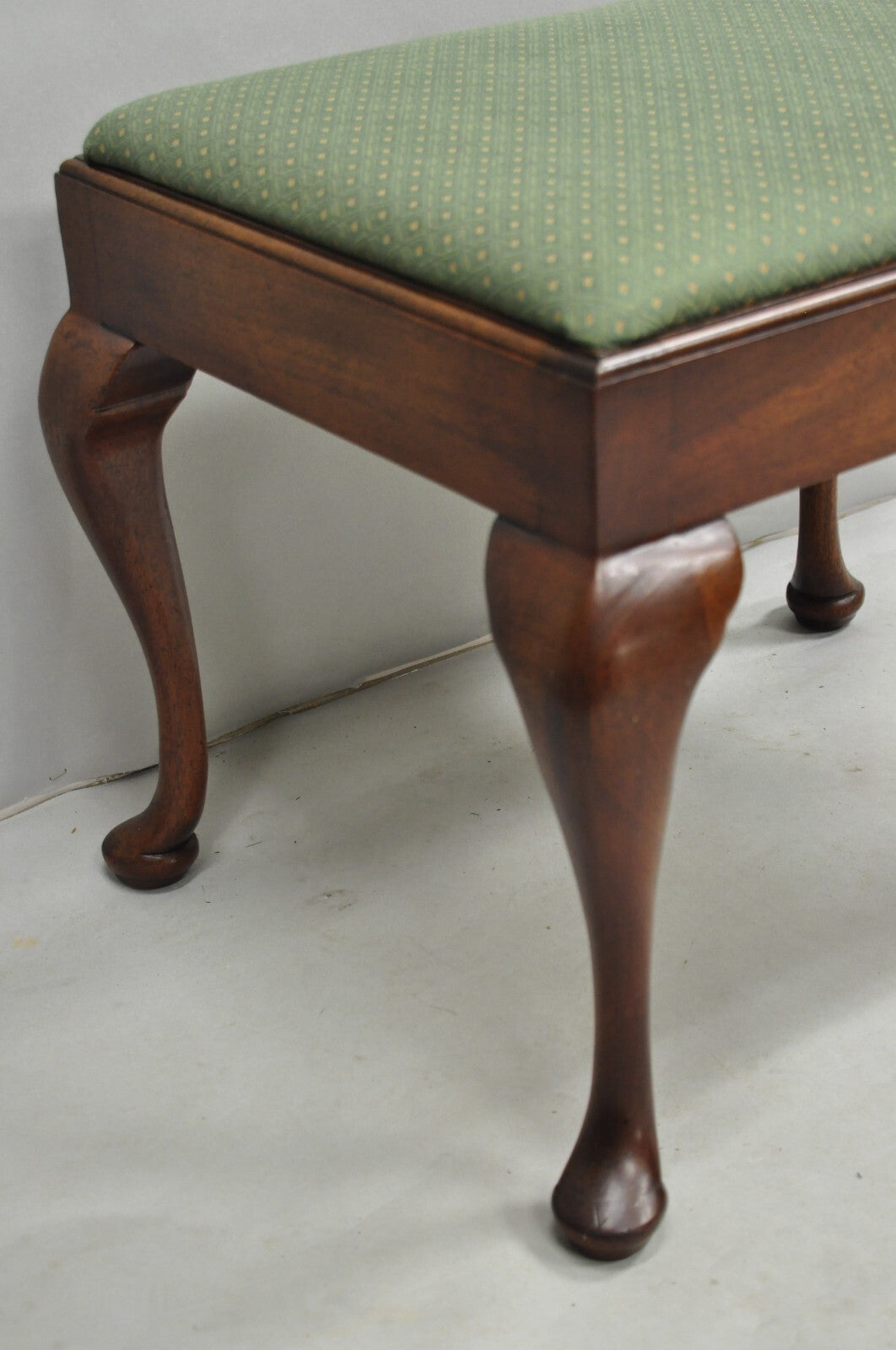 Vintage Queen Anne Style Mahogany Wood Green Upholstered Footstool Ottoman