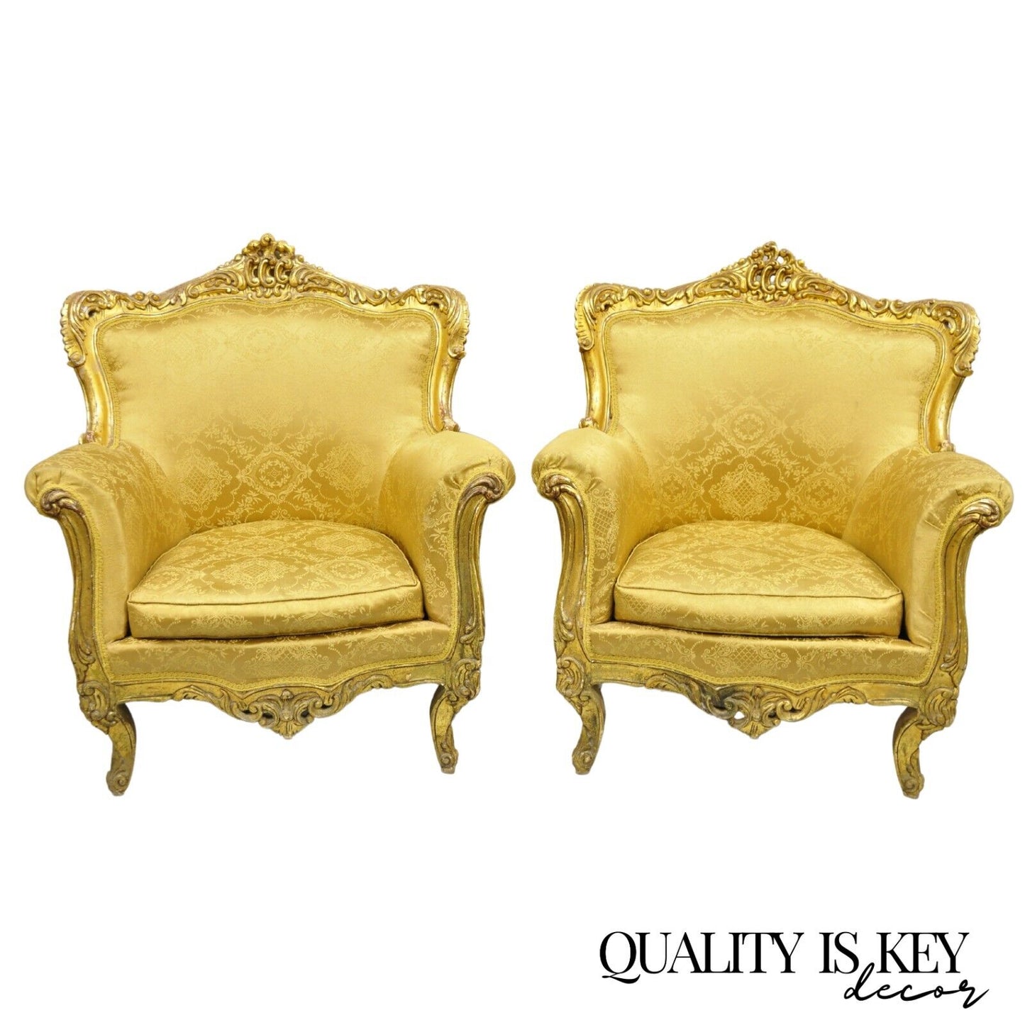 Vintage French Baroque Style Gold Giltwood Upholstered Bergere Club Chair - Pair