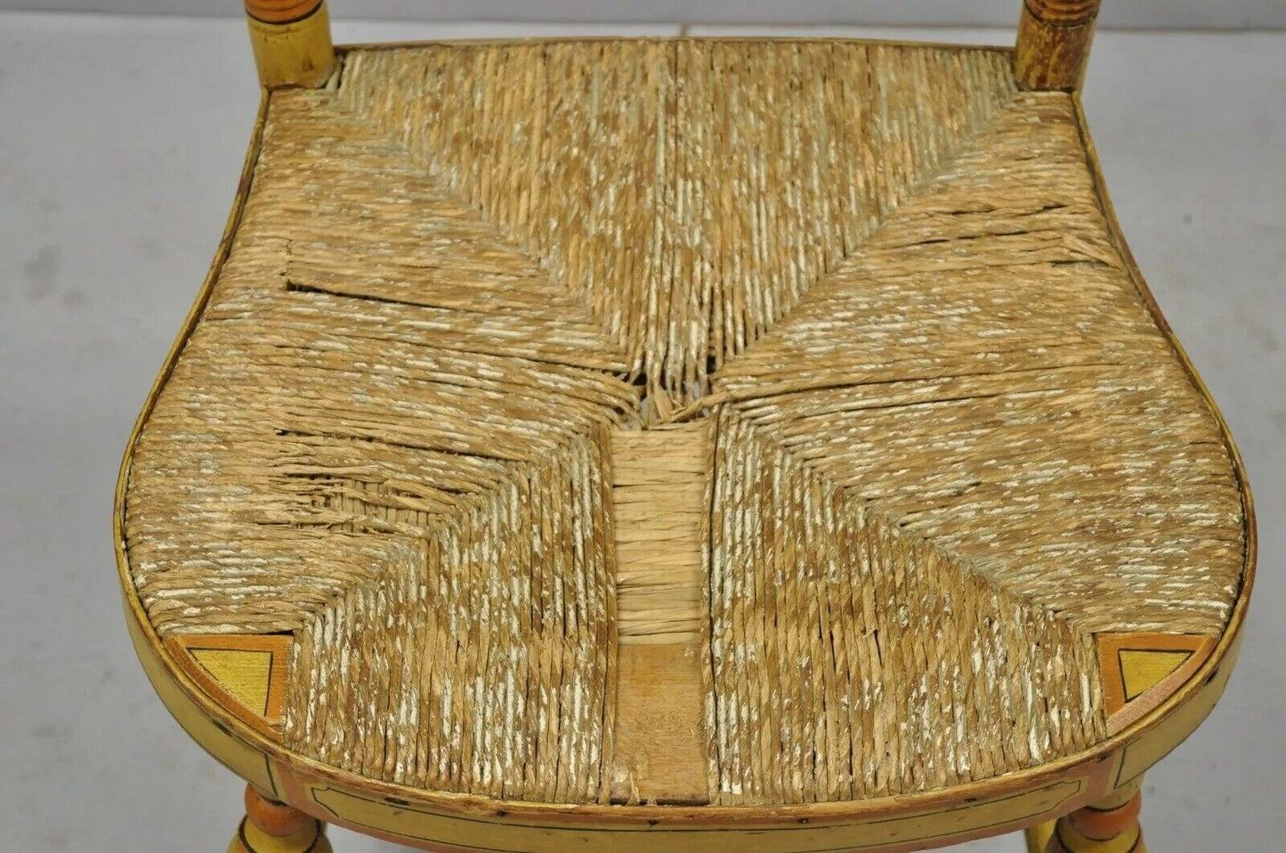 Antique Hitchcock Style Slat Back Rush Seat Yellow Paint Stencil Side Chair (A)