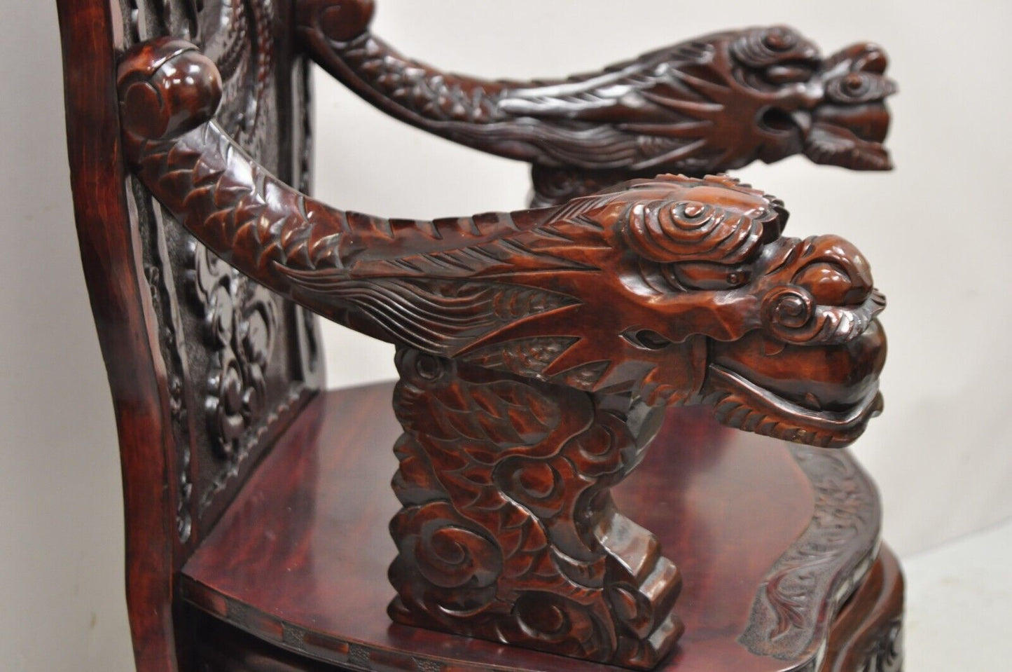 Antique Japanese Export Carved Hardwood Foo Dog Throne Arm Chair