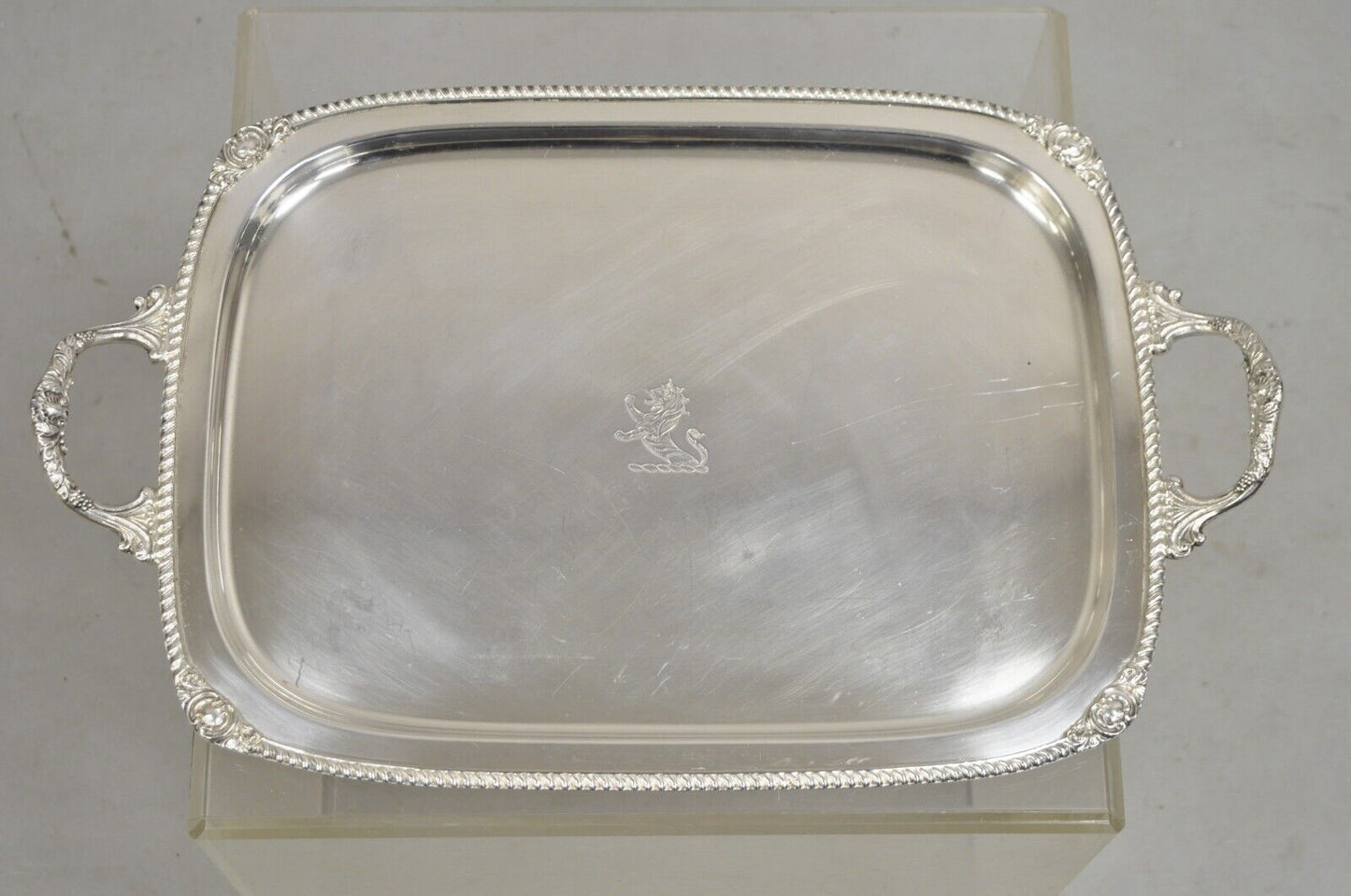 Antique English Regency Lion Engraved Silver Plated Serving Platter Tray