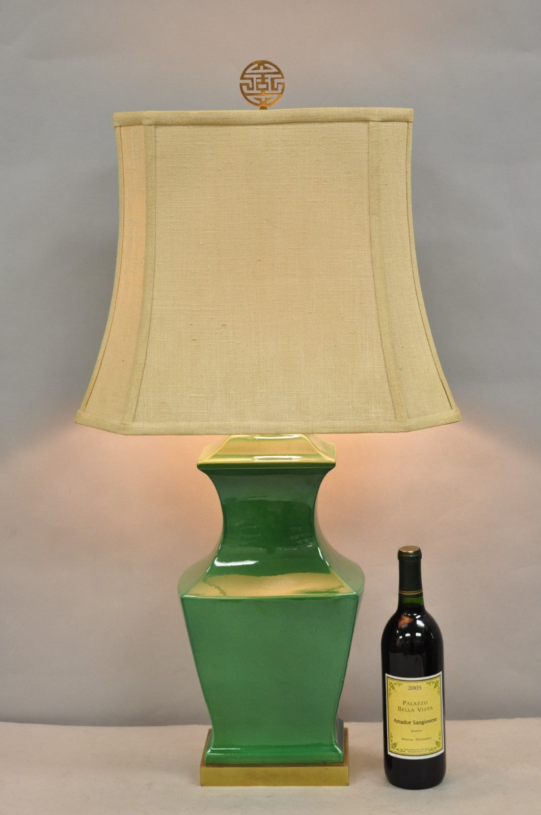 Vintage Paul Hanson Chinoiserie Green Porcelain Jardiniere Oriental Table Lamp