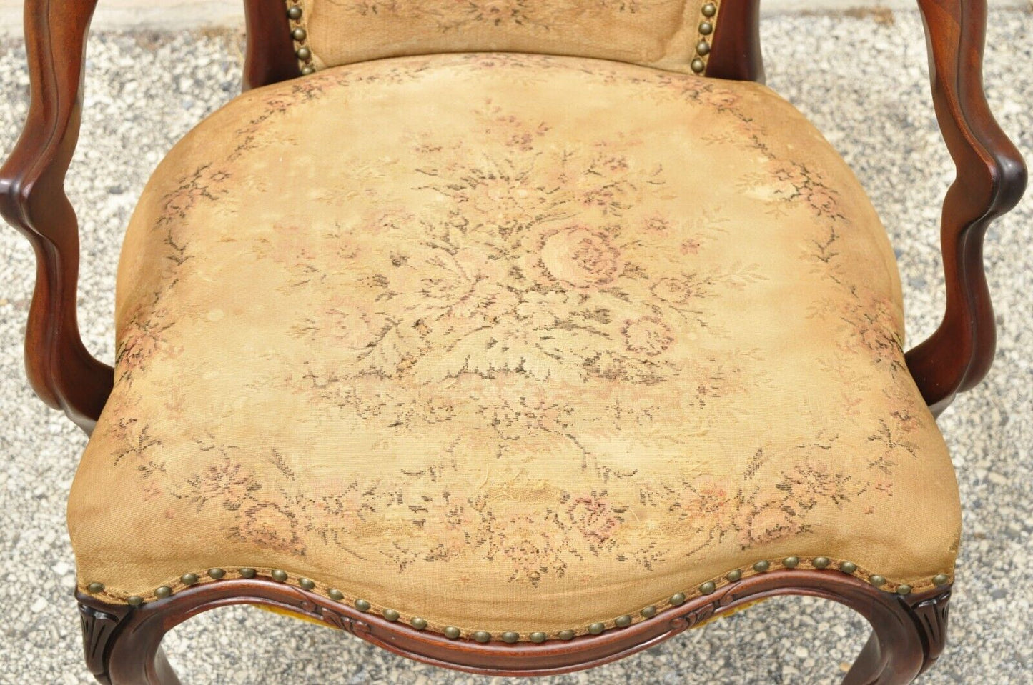 Vintage French Victorian Style Carved Mahogany Frame Lounge Arm Chair