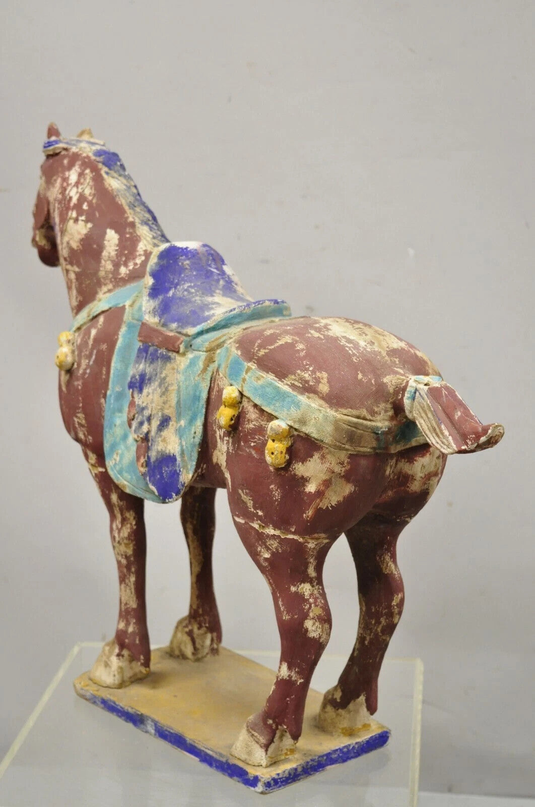 Chinese Polychrome Wooden Carved Wood 29" Tang Horse Sculpture Statue Red Figure