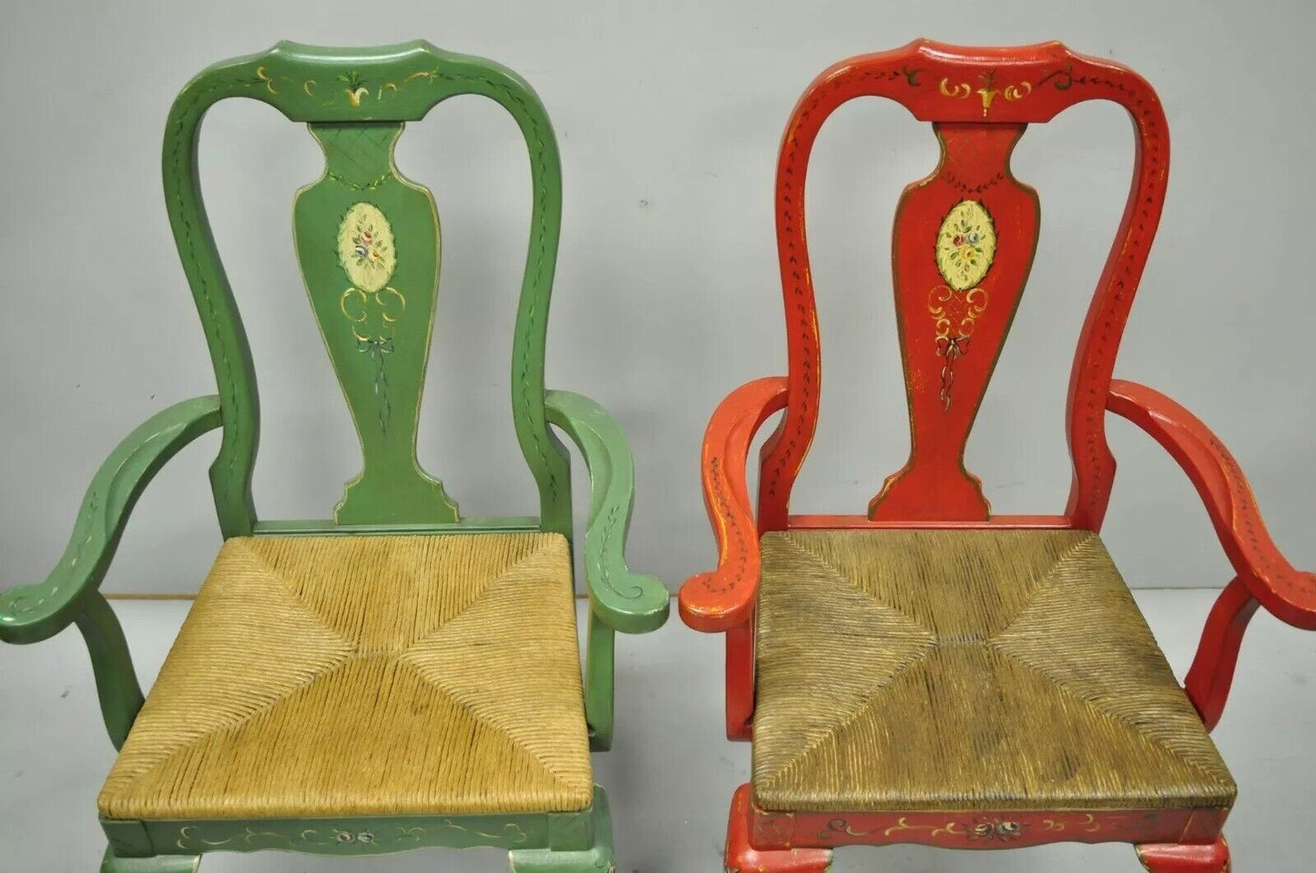 Vintage Queen Anne Style Green and Red Painted Rush Seat Arm Chairs - a Pair