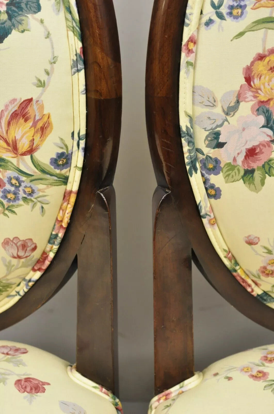 French Art Deco Oval Upholstered Back Mahogany Wood Frame Dining Chairs - a Pair