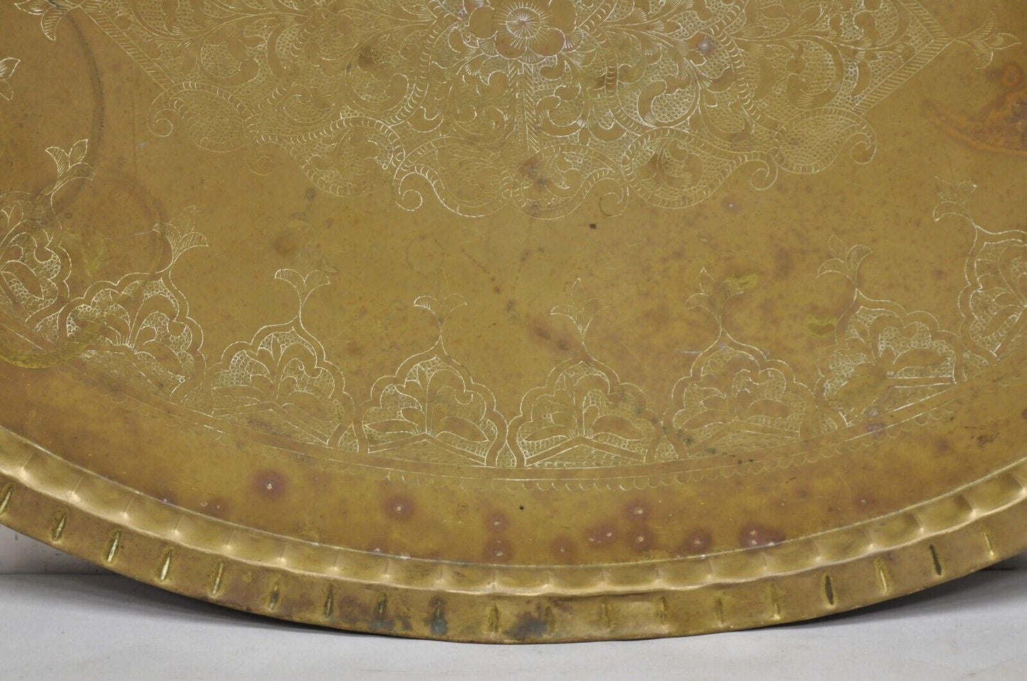 Vintage Moroccan Middle Eastern Solid Brass Large Oval Engraved 42" Tray Top