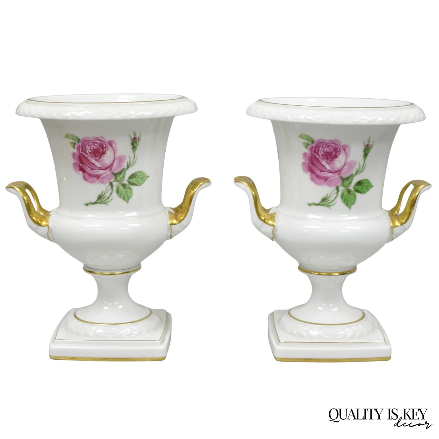 Alka Alboth & Kaiser Painted French Porcelain Pink Rose Trophy Cup Urn Vase Pair