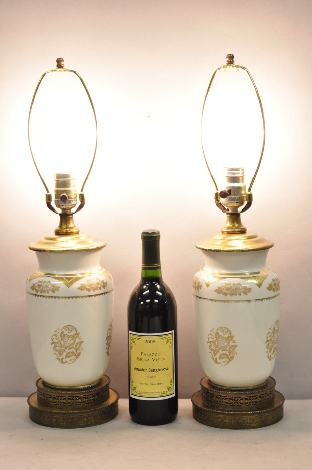 Vintage Victorian Cream & Gold Gilt Porcelain Table Lamps attr Lenox - a Pair