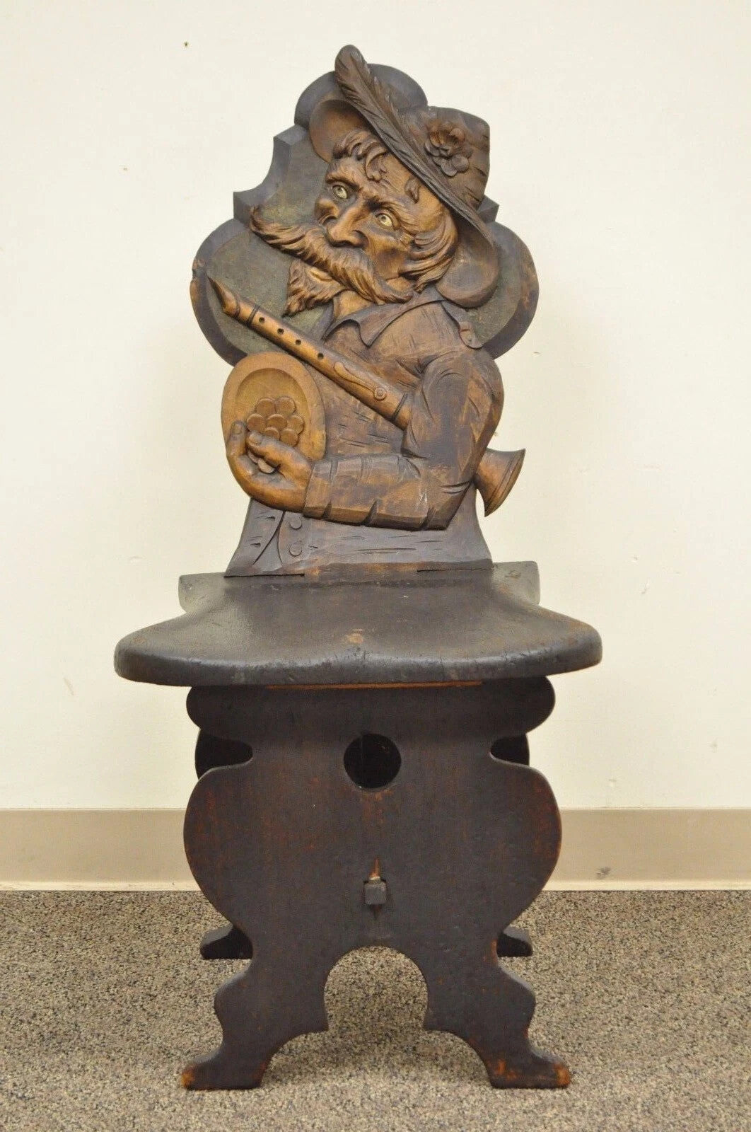 Antique Medieval Gothic Hand Carved Wood Figural Musician Bard Tavern Side Chair