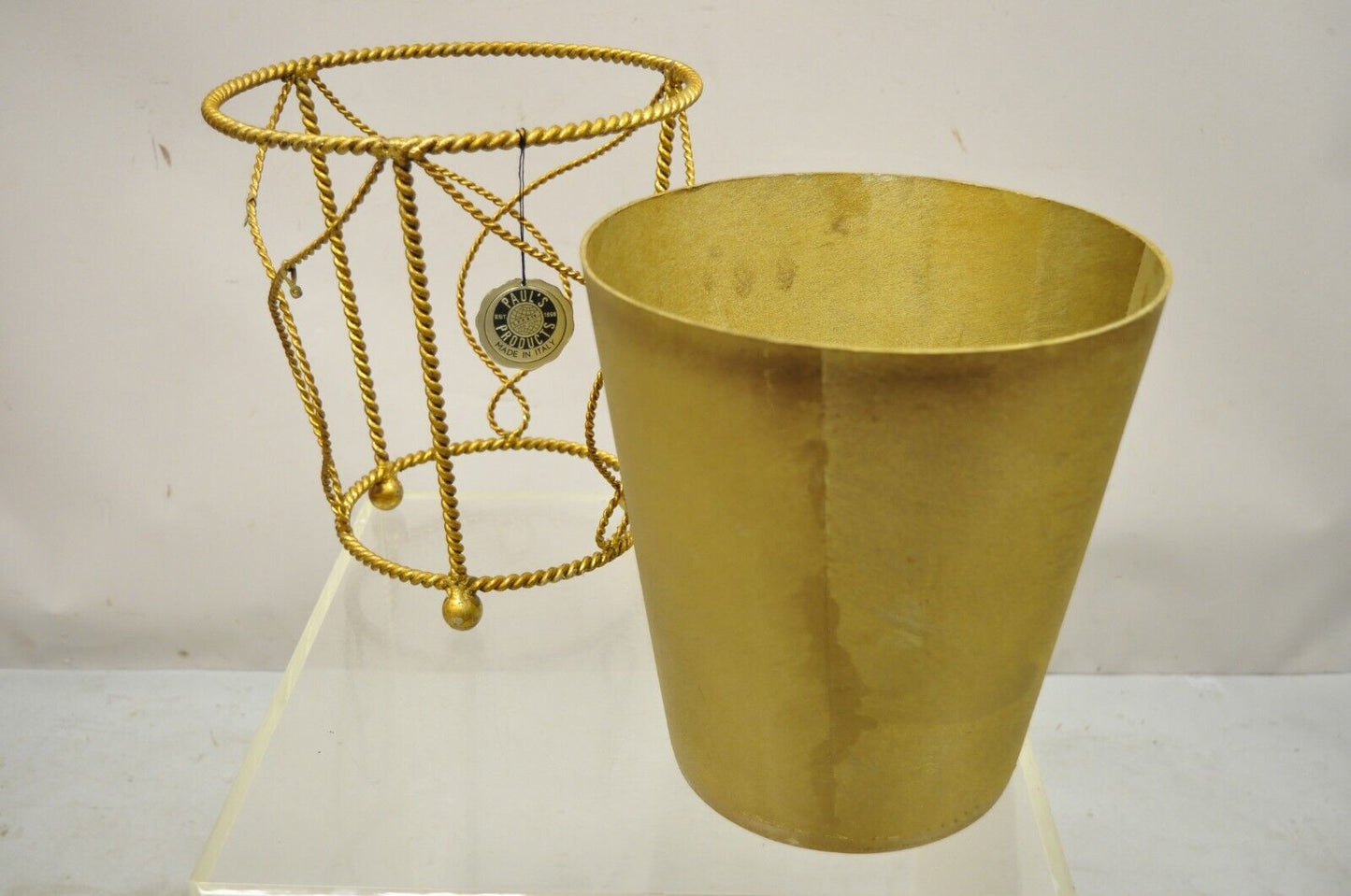 NOS Italian Gold Gilt Iron Hollywood Regency Wastebasket Trashcan with Liner