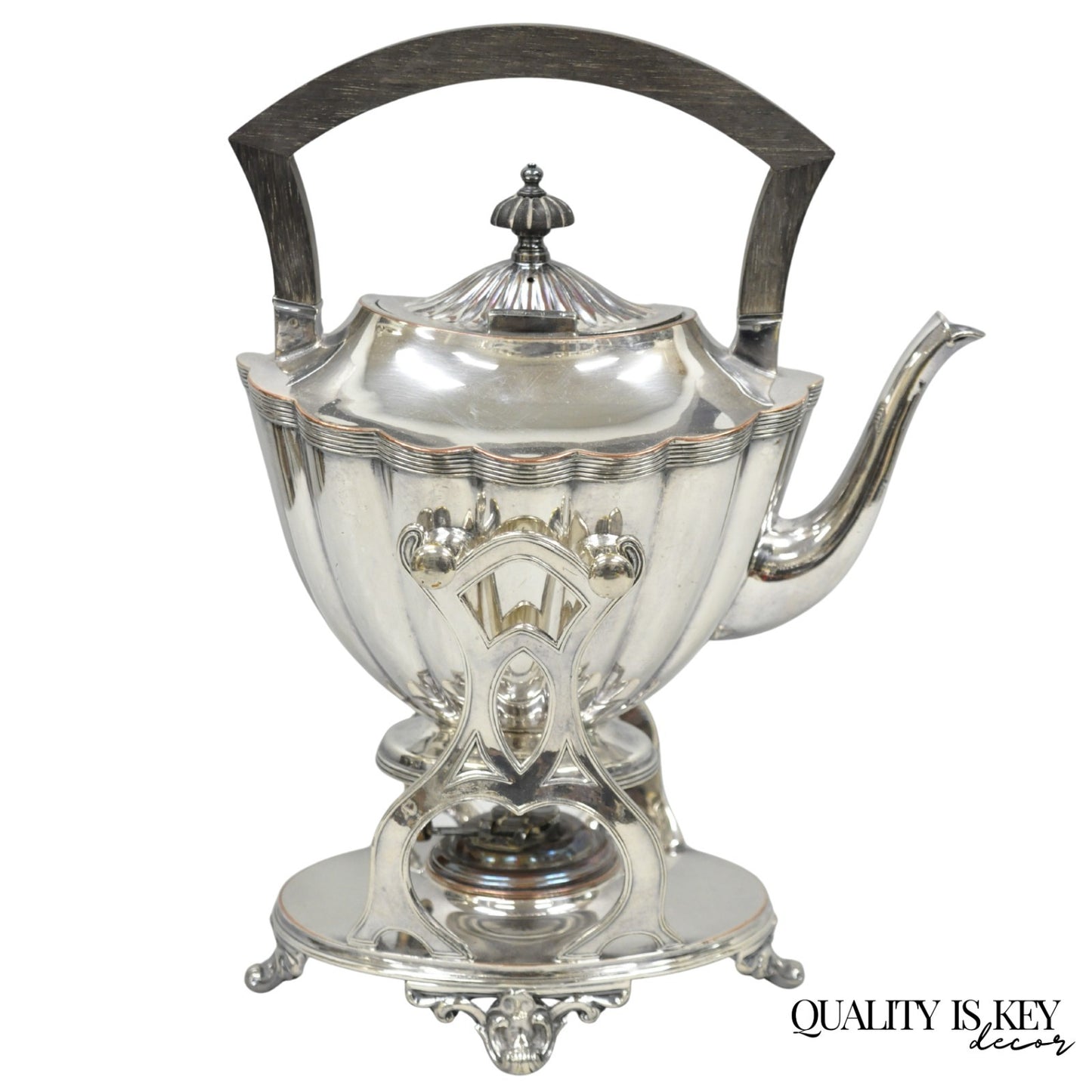 Antique English Art Nouveau Silver Plated Tilting Tea Kettle Pot on Stand