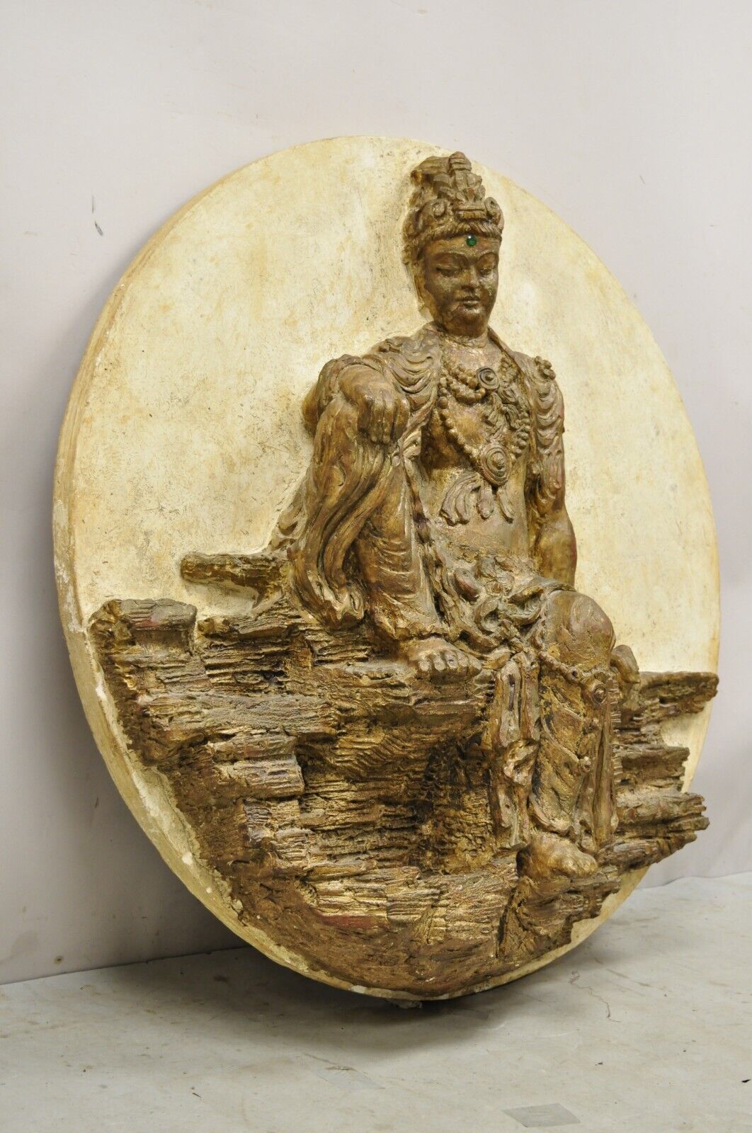 Large Vintage Fiberglass Kuan Shih Yin Buddha Relief Round Wall Art Sculpture