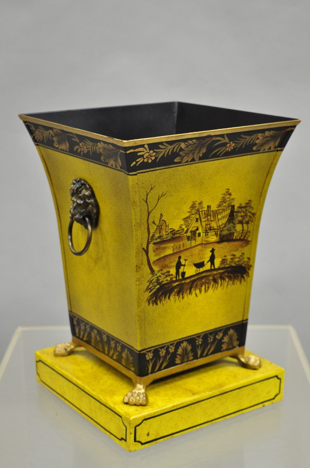 Vintage Chinoiserie French Country Yellow Metal Toleware Wastebasket Trash Can