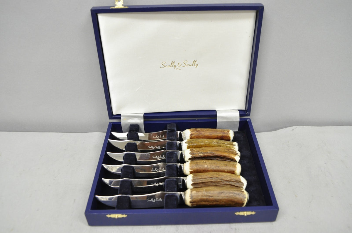 Scully & Scully Arts & Crafts Natural Staghorn Handle Steak Knives - Set of 6