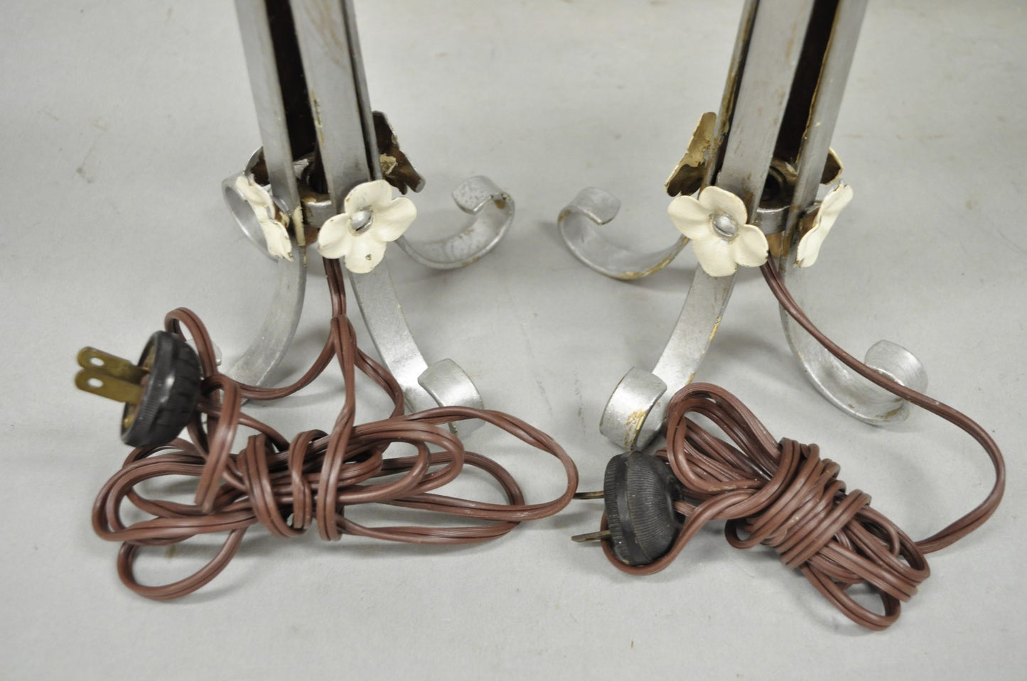Antique Art Nouveau Wrought Iron Silver Painted Petite Boudoir Table Lamps, Pair