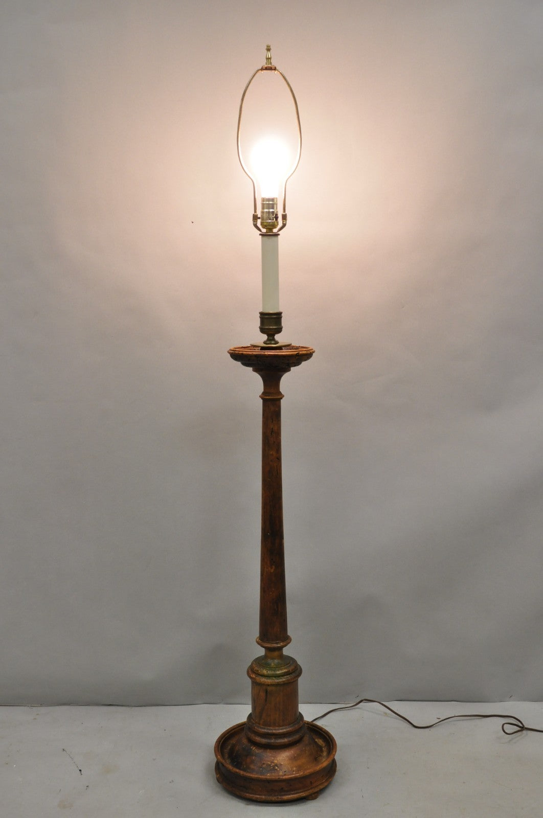 Vintage French Country Carved Wood Distressed Candlestick Floor Lamp by Chapman