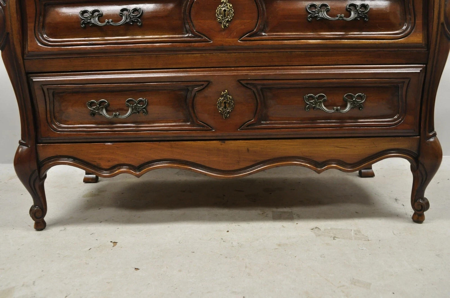 Vintage French Louis XV Country Style Sienna Cherry Bombe Commode Chest Dresser