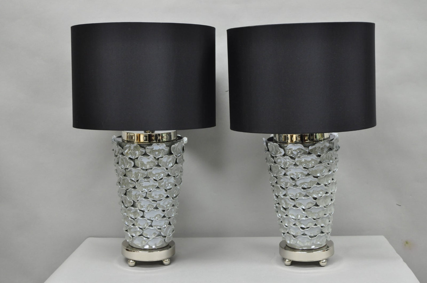 Contemporary Modern Gray Porcelain Leaf Leaves Chrome Table Lamps - a Pair