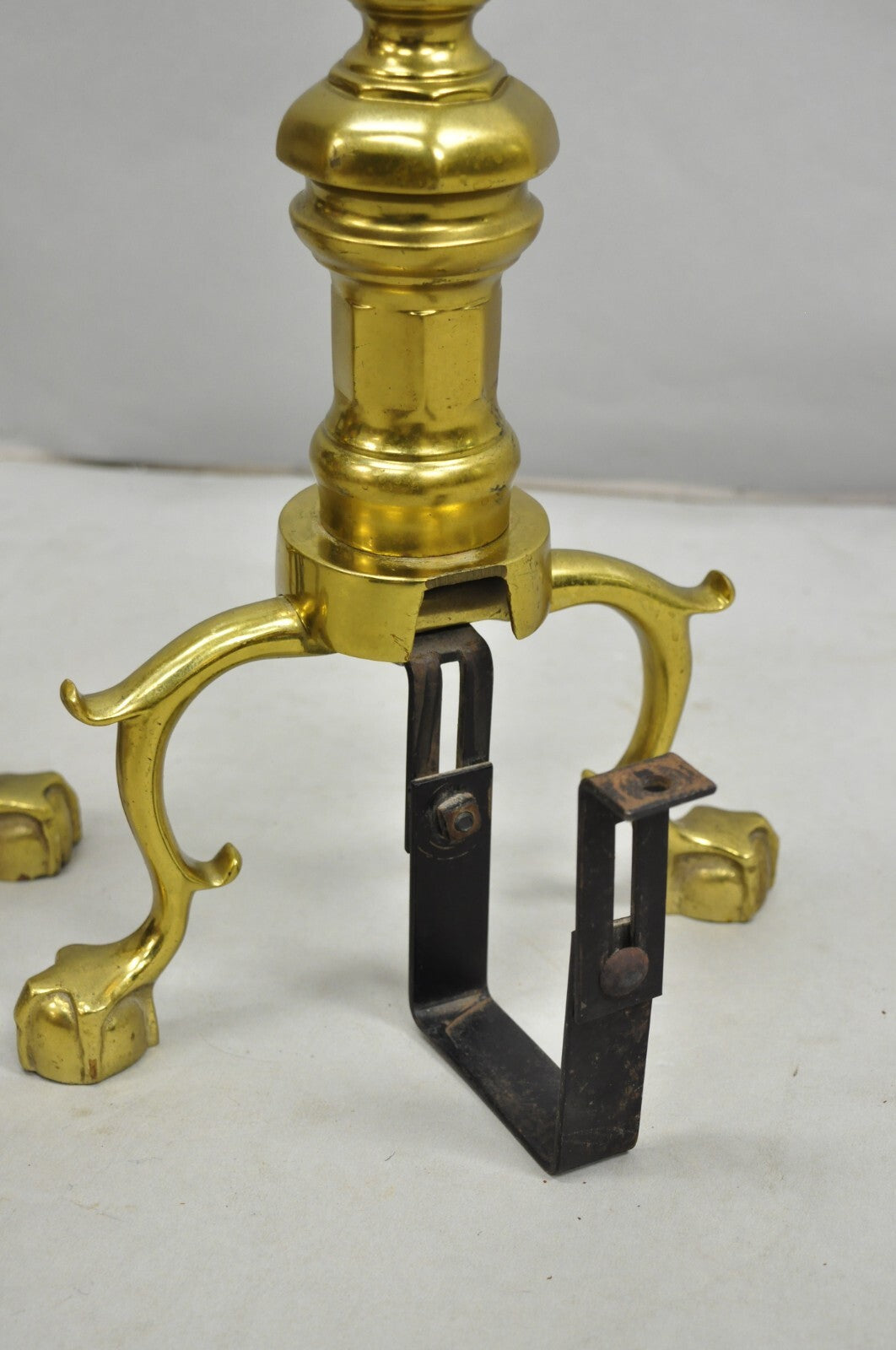 Vintage Federal Style Brass Branch Foot Gold Fireplace Andirons - a Pair
