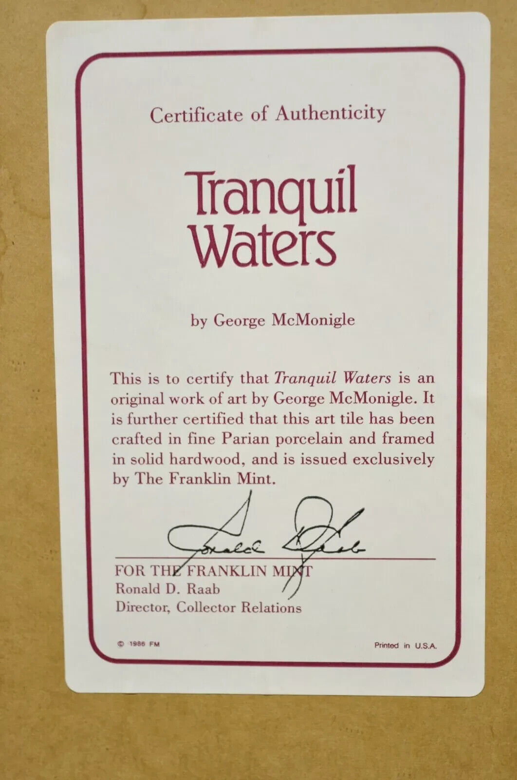 1986 Franklin Mint Parian Tranquil Waters Wall Art Birds by George McMonigle