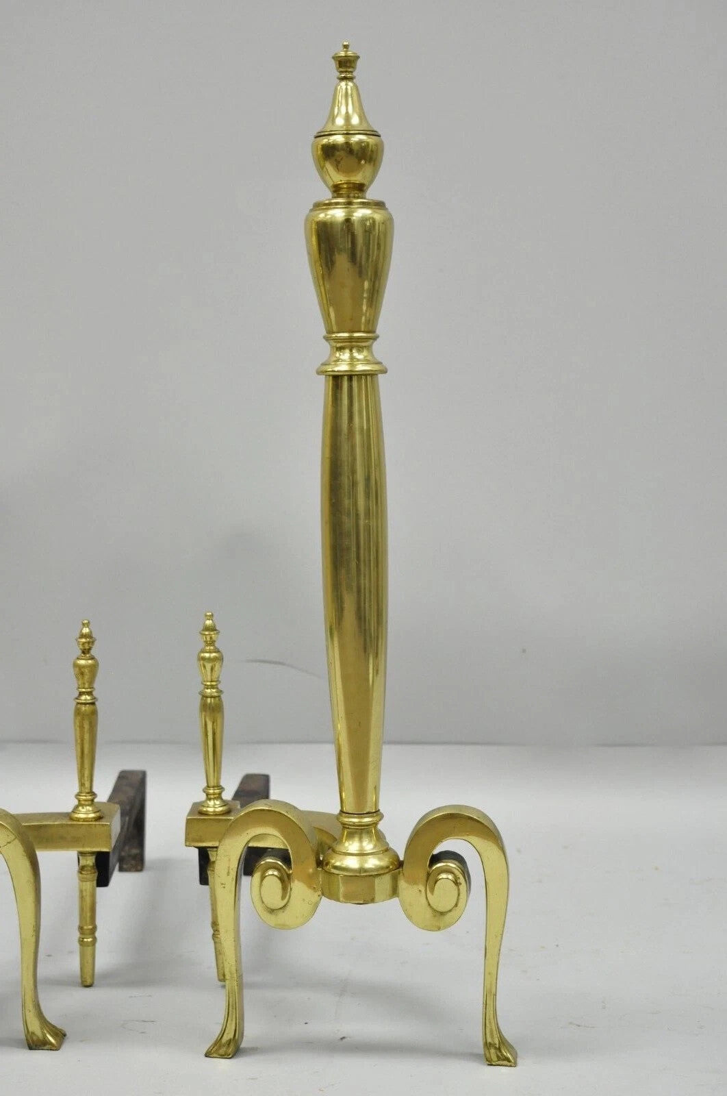 Antique French Art Nouveau Style Brass Urn Finial Fireplace Andirons - a Pair