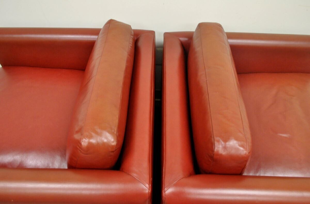 Mid Century Modern Red Leather Cube Club Lounge Chairs on Casters - a Pair
