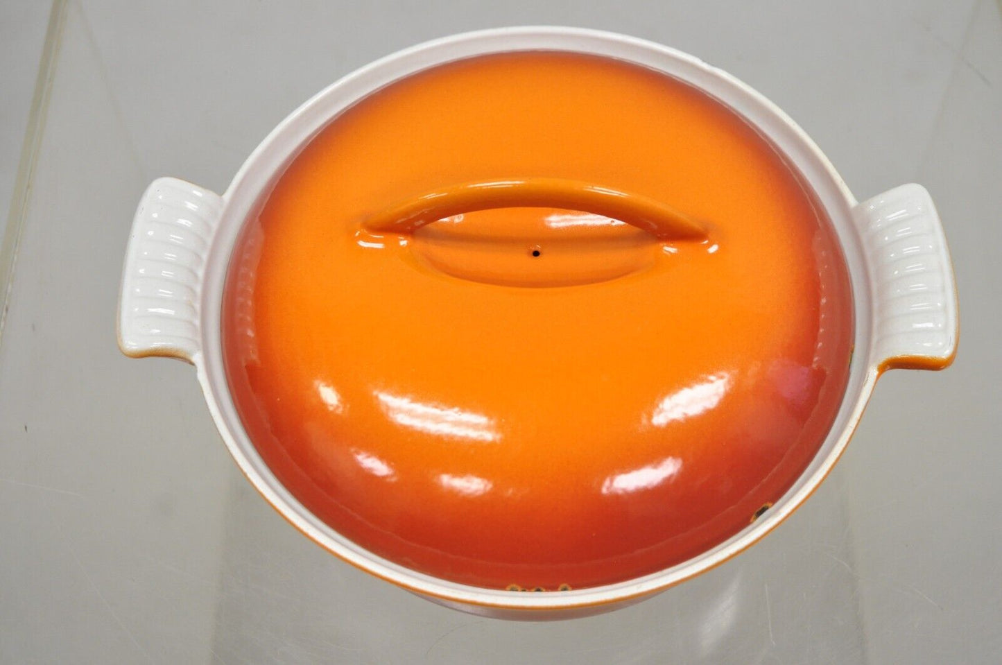 Vintage Descoware Mid Century Modern Cast Iron Orange Enamel Lidded Dutch Oven