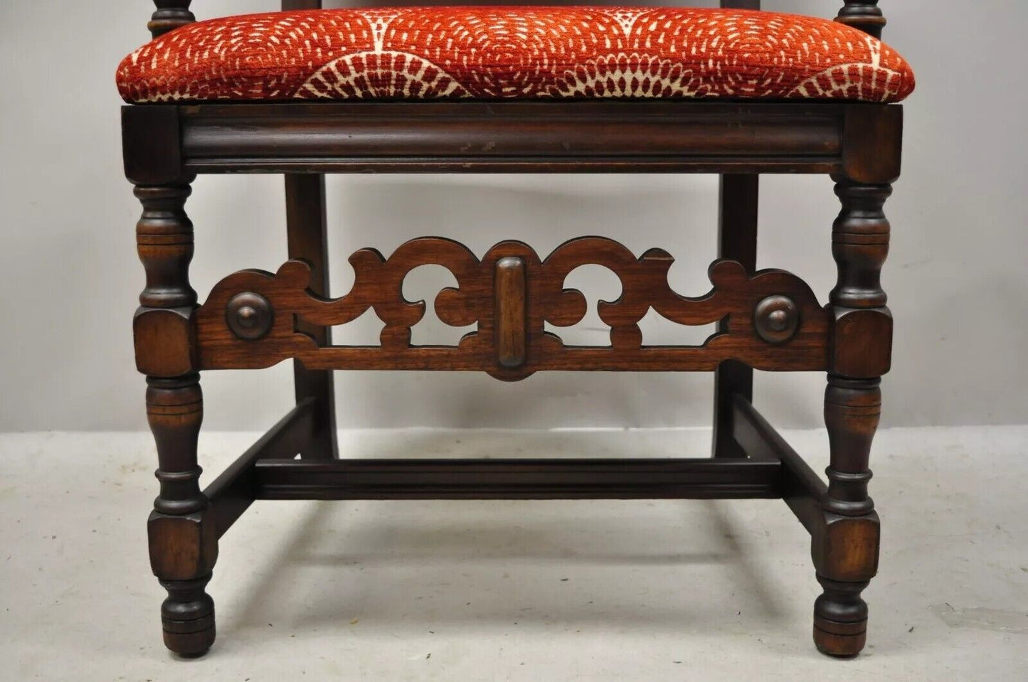 Antique Italian Renaissance Revival Carved Walnut Throne Captains Red Arm Chair