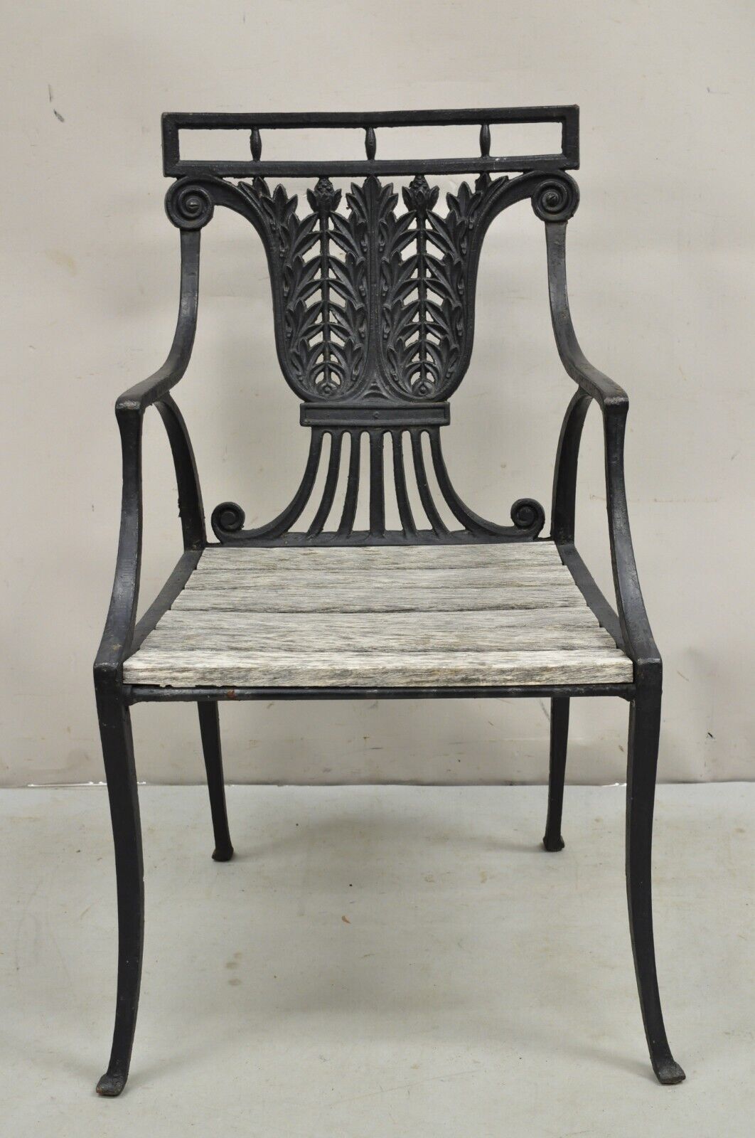 Antique French Regency Style Cast Iron Wooden Slat Garden Arm Chair