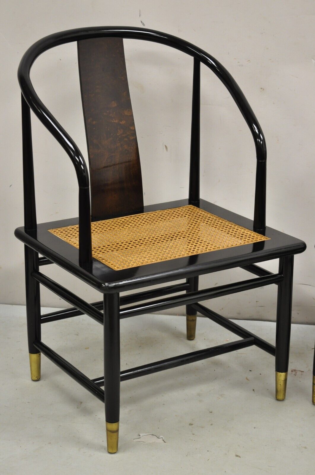 Vintage Henredon Scene 3 Oriental Black Lacquer Asian Horseshoe Chair - a Pair
