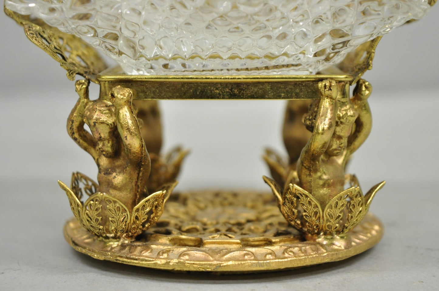 Vintage Brass Filigree Brides Basket Holder w/ Cherubs & 4 Ruffled Glass Dishes