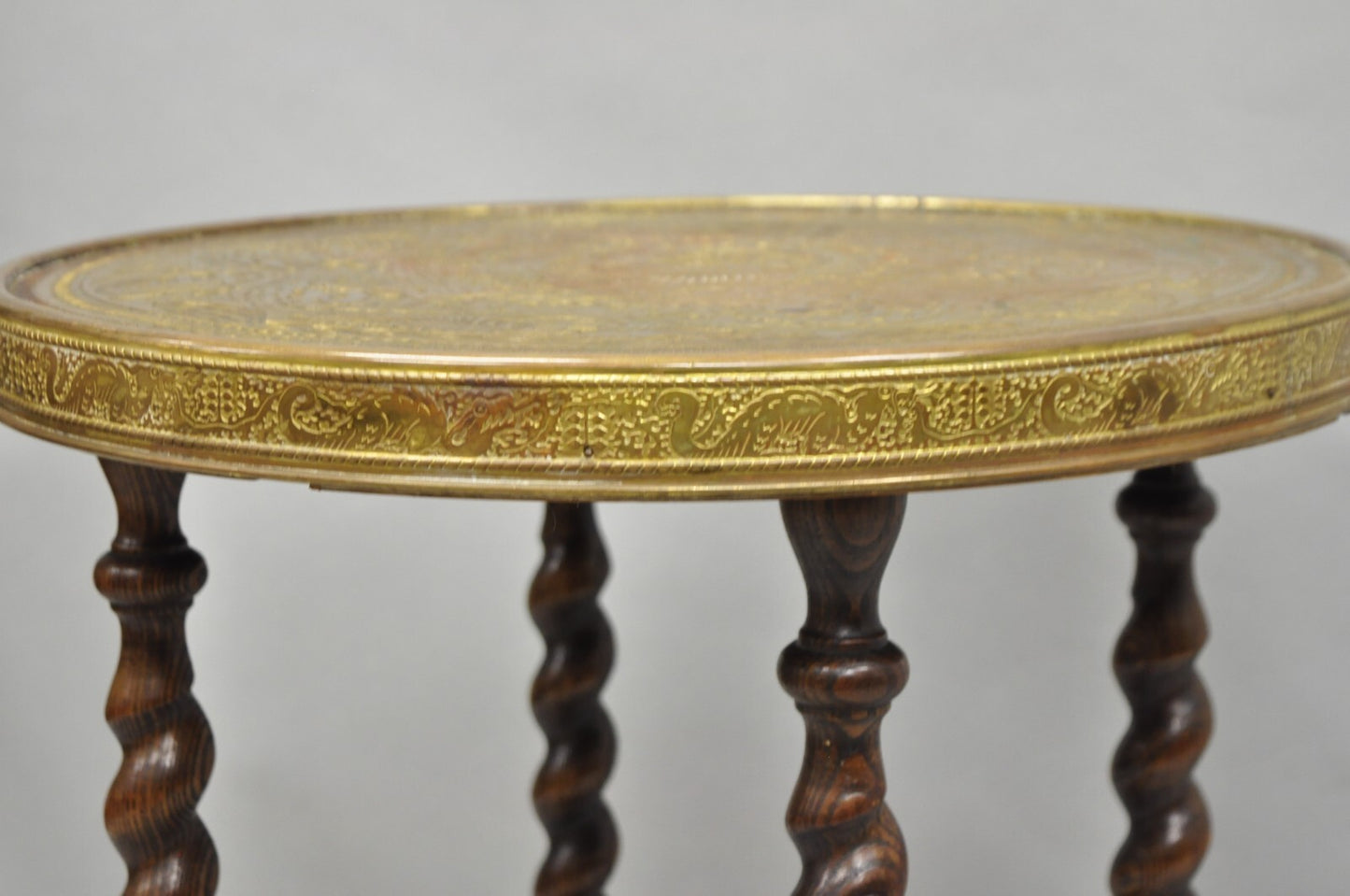 Antique Chinoiserie Oak Barley Twist Chinese Brass Dragon Side Table by Ferguson