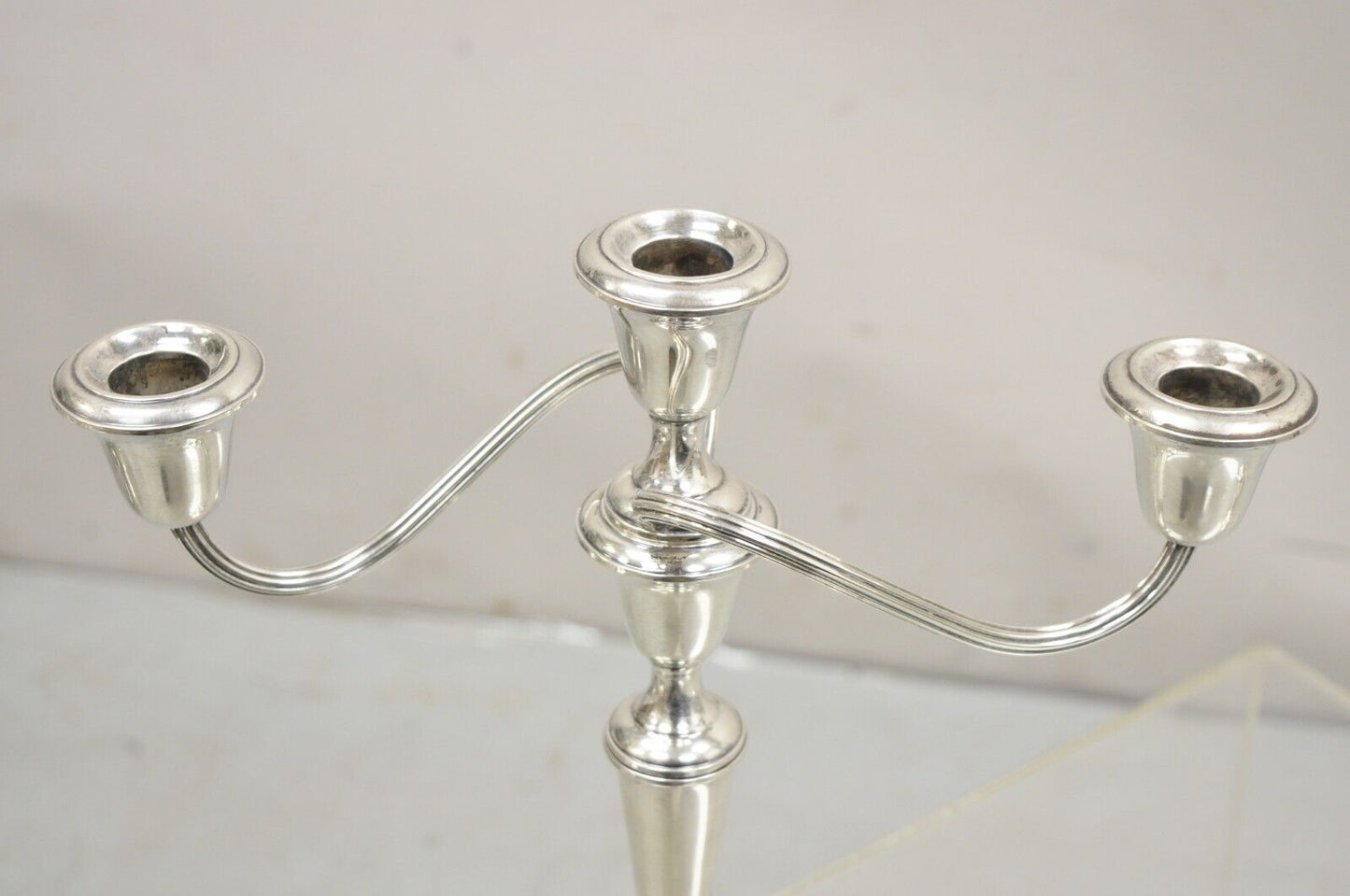 Gorham 808/1 Weighted Sterling Silver 3 Light Candlestick Candle - a Pair