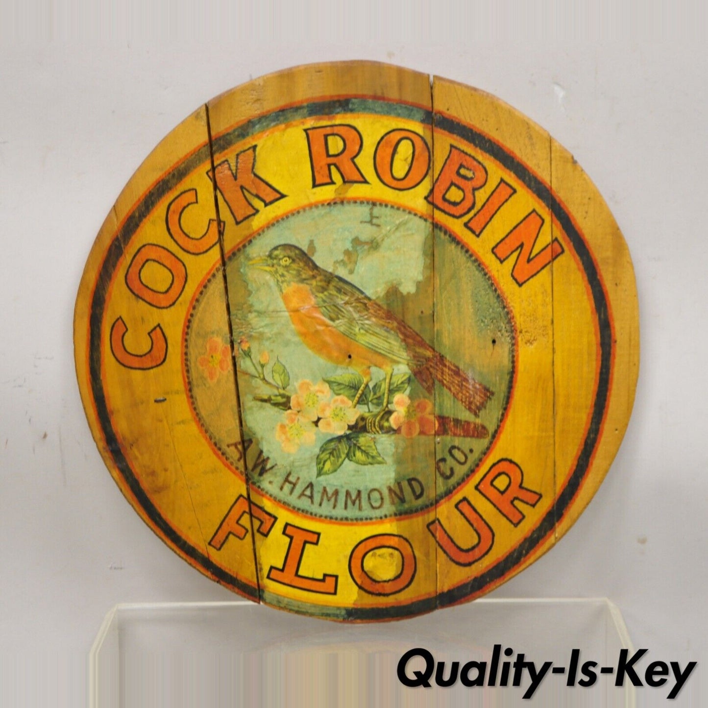 Vintage Cock Robin Flour AW Hammond Co Round Wood Advertisement Plaque