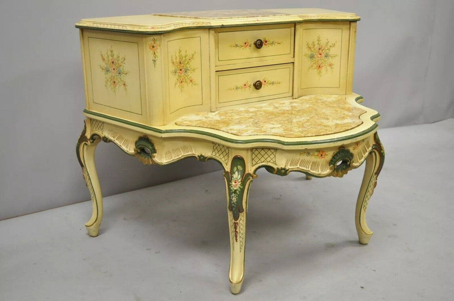 Vintage Italian Venetian French Louis XV Style Painted Marble Top Side Table