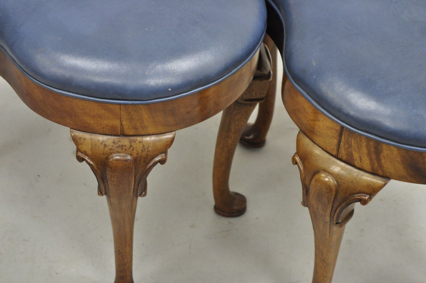 Vintage W&J Sloan English Queen Anne Style Mahogany Blue Leather Ottoman - Pair