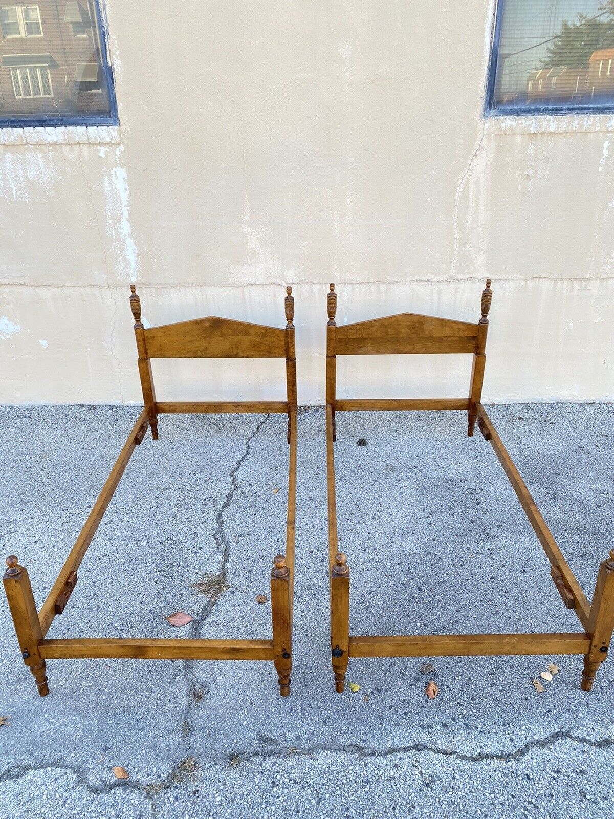 Antique Hitchcock Style Maple Wood Single Twin Bed Frames w/ Urn Finial - a Pair