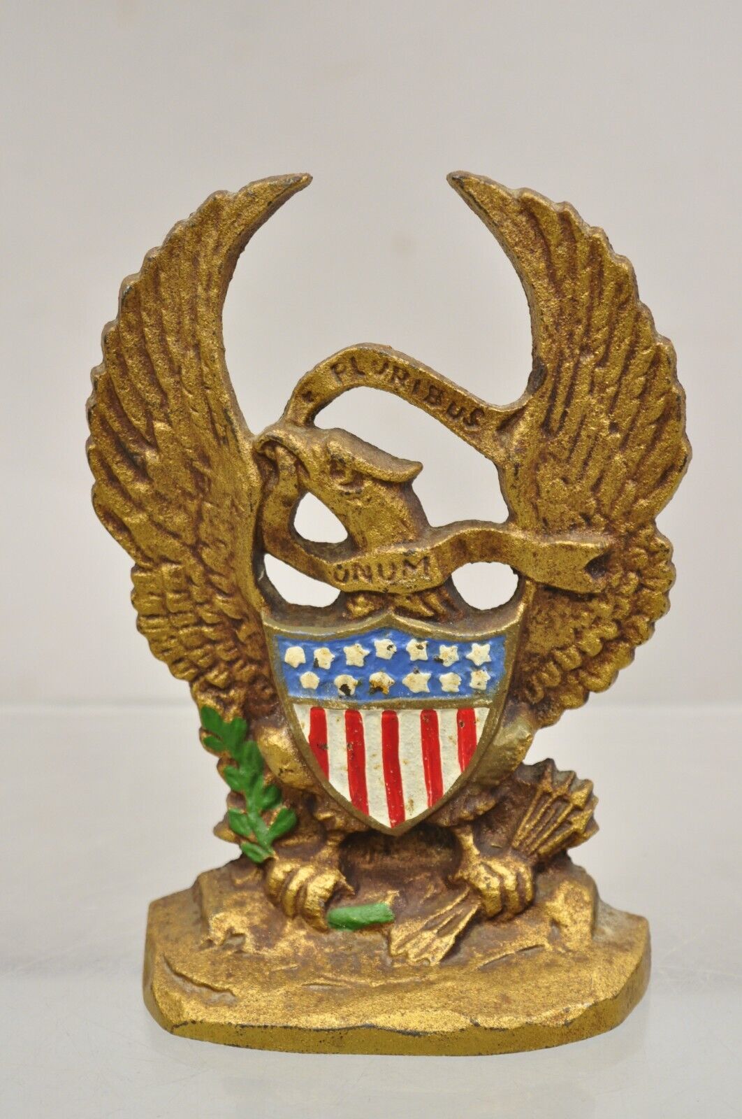 Antique Patriotic Cast Iron Figural Gold American Flag & Eagle Painted Door Stop