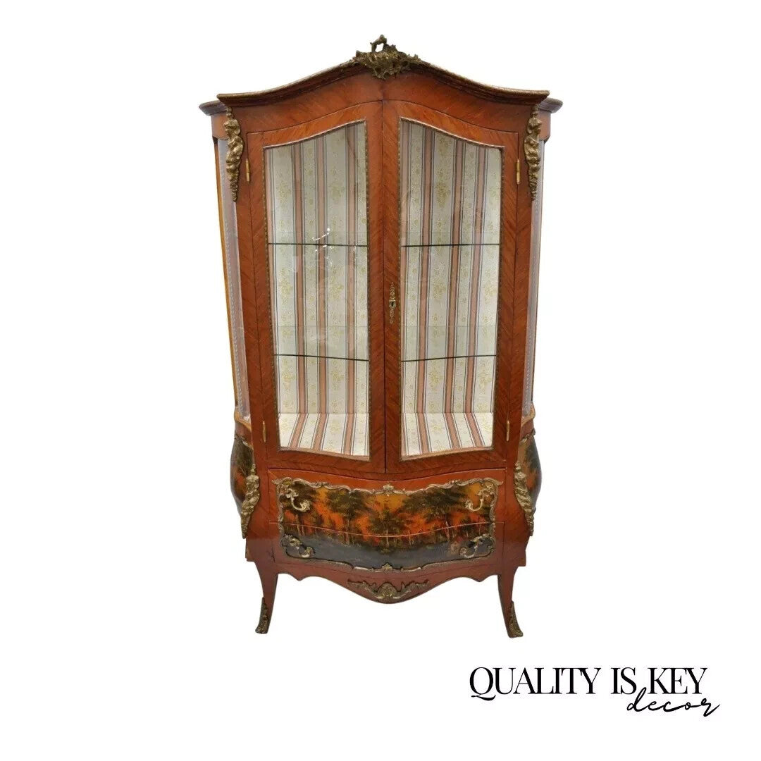 French Louis XV Style Reproduction Bombe Curio China Cabinet Vitrine with Bronze