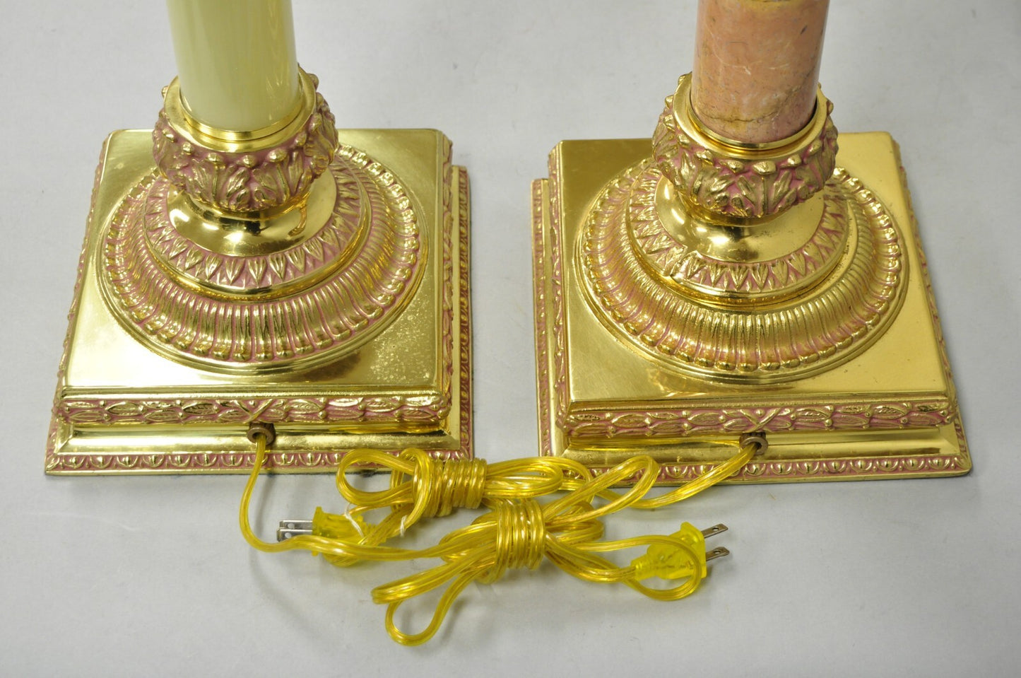 Vintage Hollywood Regency Brass Empire Column Green Pink Gold Table Lamps - Pair