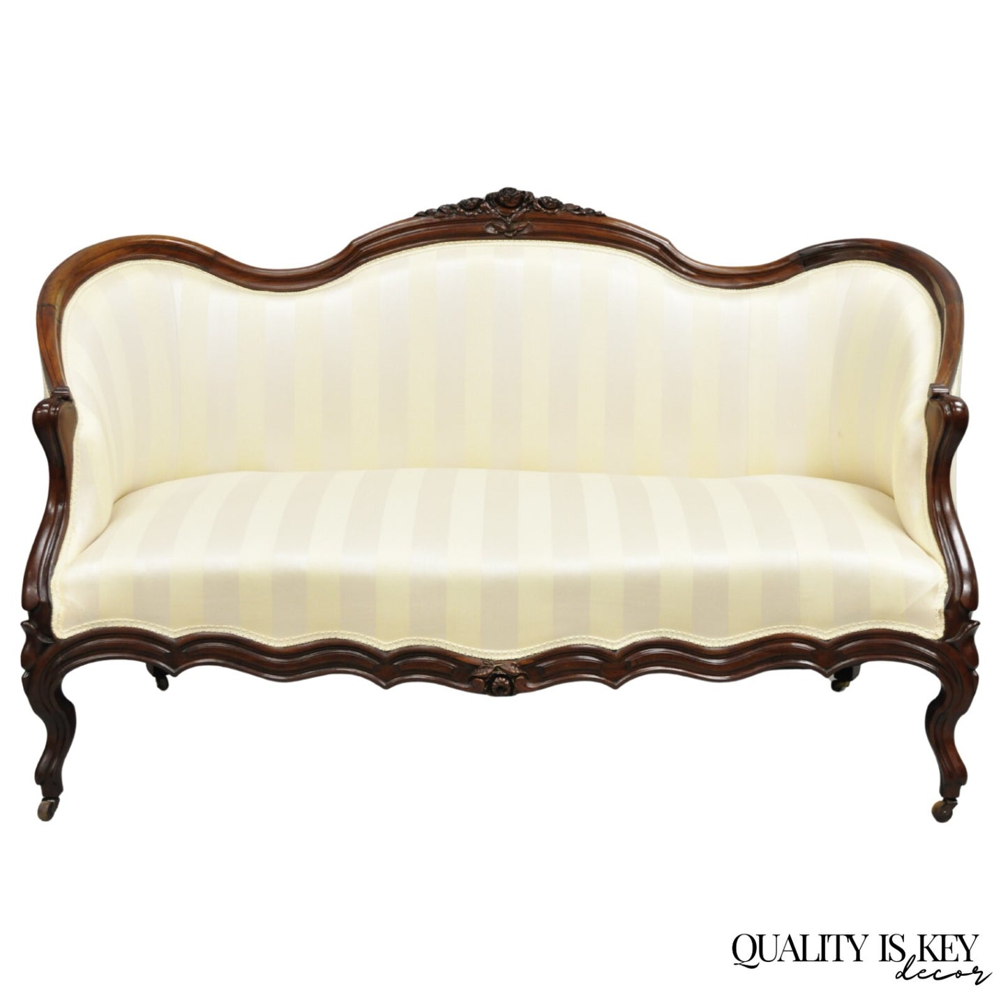 Antique Victorian French Rococo Carved Mahogany Upholstered Loveseat Parlor Sofa